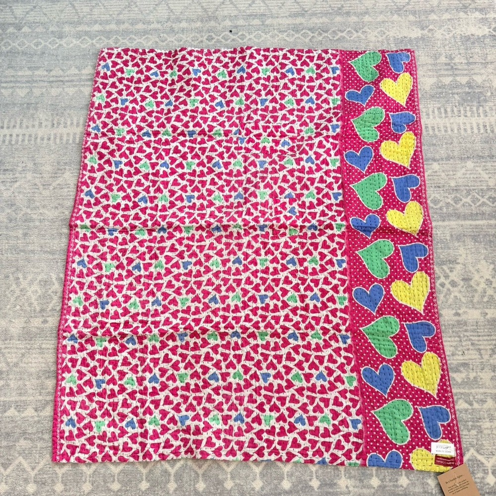 Kantha Sari Quilt small K‎ #295 made in India colorful hearts NEW